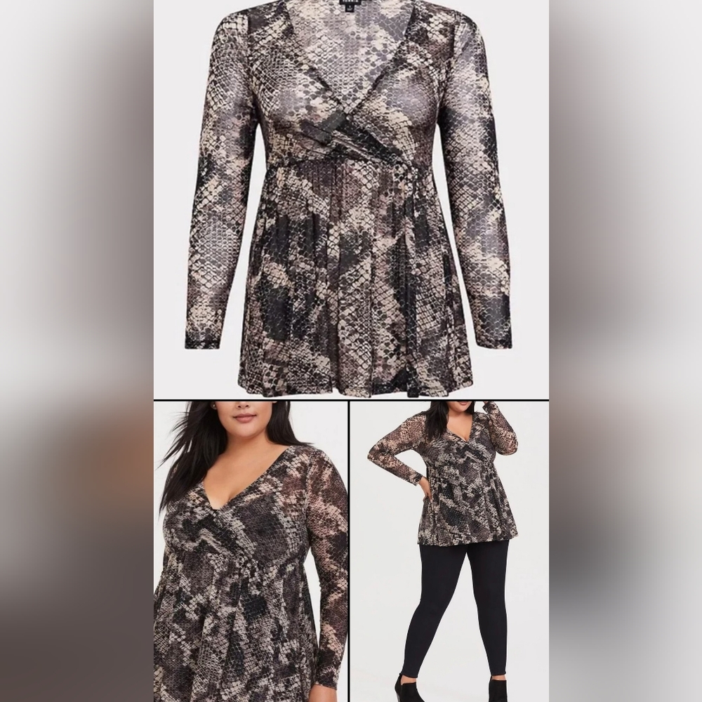 TORRID Snakeskin Print, Mesh, Surplice, Babydoll Top, Size 3X, NWOT